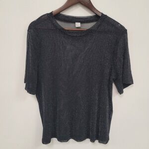 Womens Rave Celestial Whimsigoth Glitter Mesh Top Size L Black Short‎ Sleeve